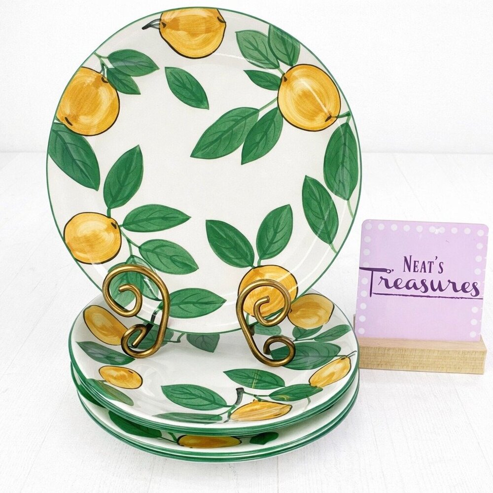 Emerald Collection Citrus Fruit Green Trim Round Ceramic Dinner Plates Set of 4